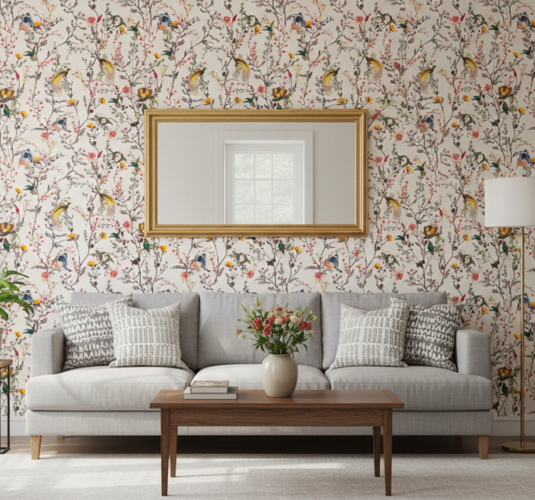 Papel de parede árvores pássaros e flores - TenStickers