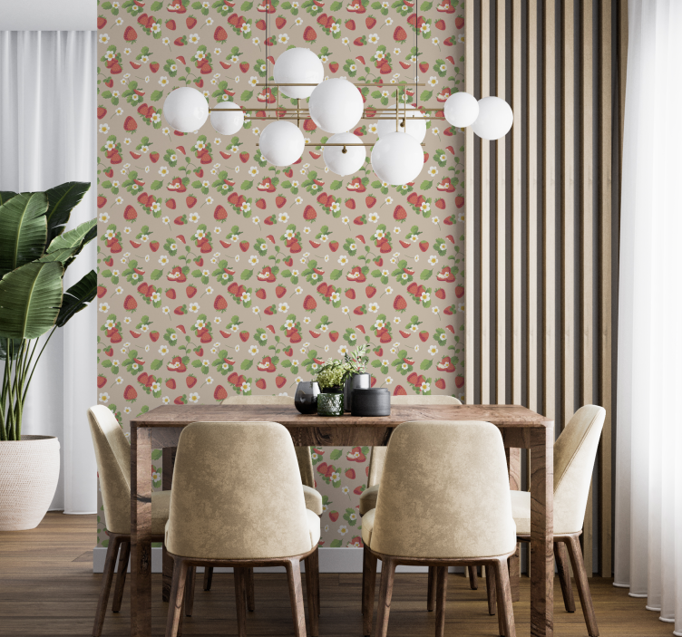 papel de parede para sala de jantar morangos e flores - TenStickers