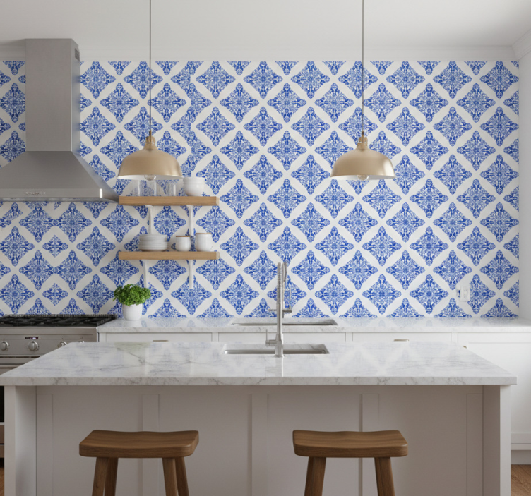Papel de parede azulejo azul estampado - TenStickers