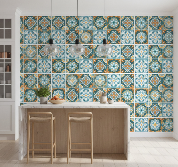 Papel de parede azulejo com elementos florais intricados - TenStickers