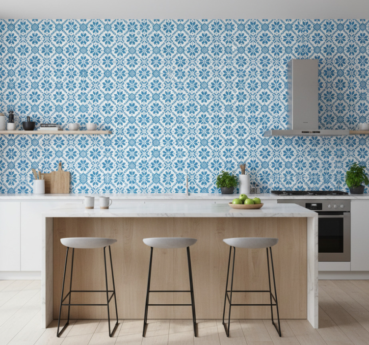 Papel de parede azulejo com padrão azul - TenStickers