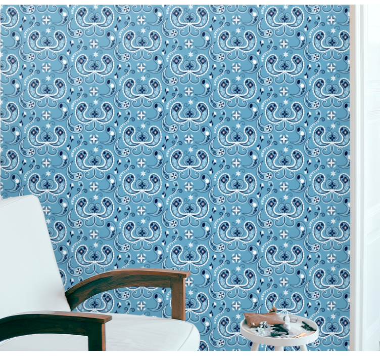 papel de parede azul motivo de azulejo ornamentado - TenStickers