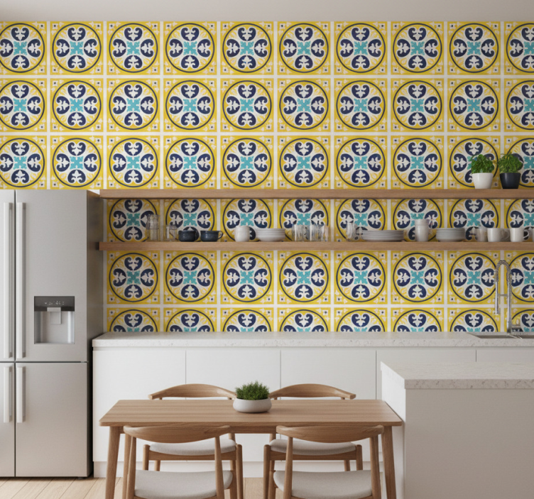 Papel de parede azulejo padrão floral cerâmico - TenStickers