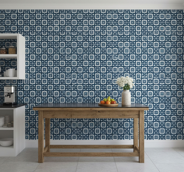 Papel de parede azulejo padrão mosaico azul e branco - TenStickers