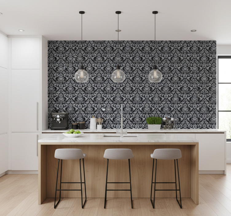 Papel de parede azulejo padrão mosaico barroco cinza e preto - TenStickers