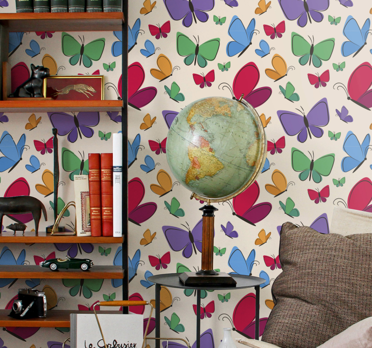 papel de parede borboletas motivo colorido em fundo bege - TenStickers