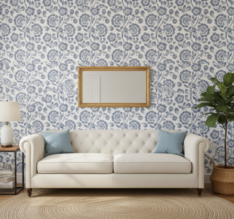 Papel de parede clássico flores azuis fundo branco - TenStickers