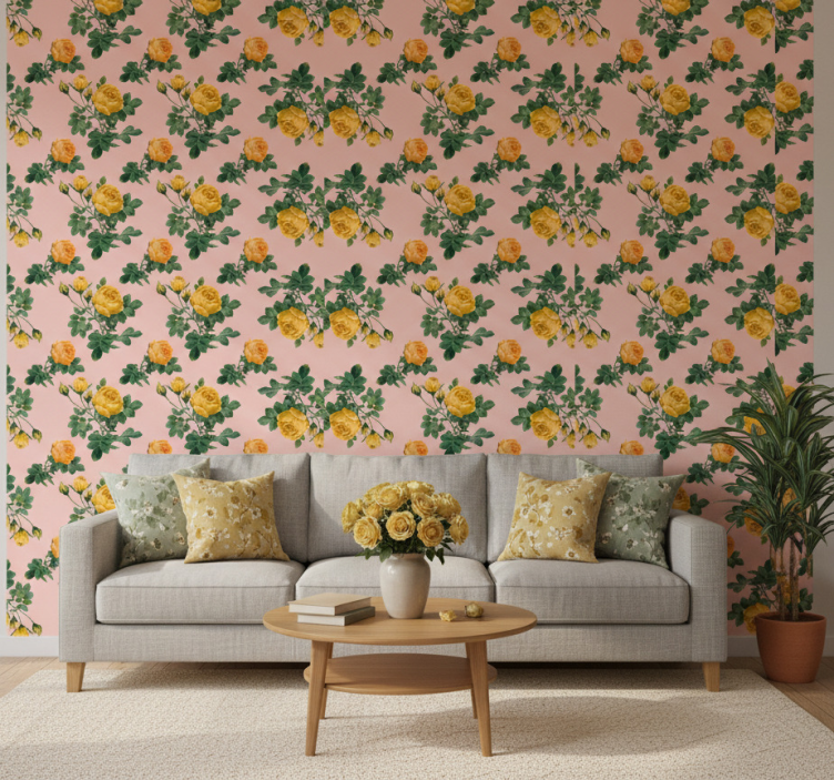 Papel de parede clássico rosas amarelas e folhas verdes - TenStickers