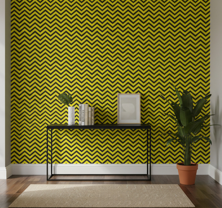 Papel de parede corredor com design zigzag preto e amarelo - TenStickers