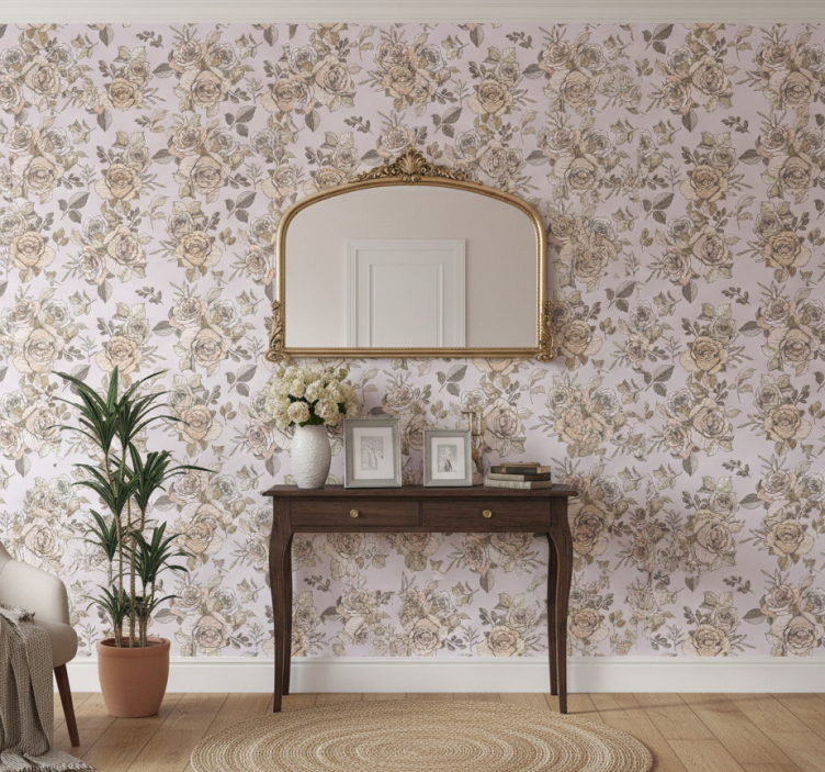 Papel de parede corredor com motivo de rosa graciosa - TenStickers