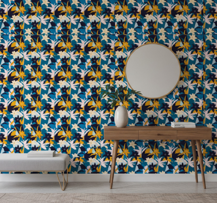 Papel de parede corredor lírios brancos em fundo azul - TenStickers