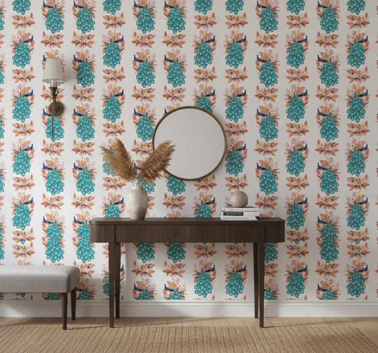 Papel de parede corredor pavões entre flores - TenStickers