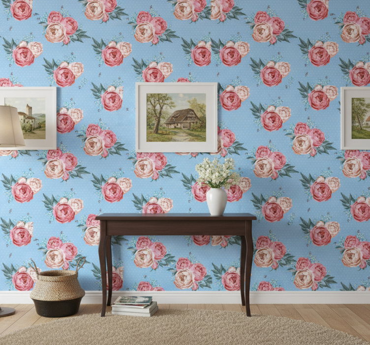 Papel de parede corredor rosas pink em flor azul - TenStickers