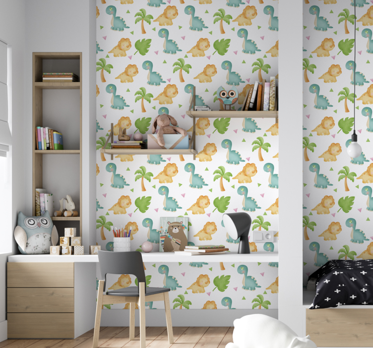 papel de parede infantil Diferentes dinossauros e arbustos - TenStickers