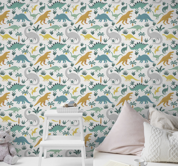 papel de parede infantil Dinossauros com árvores - TenStickers