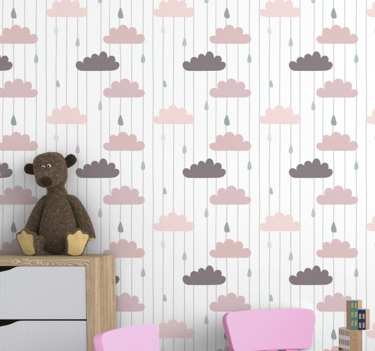 papel de parede infantil Nuvens rosa e gotas de chuva - TenStickers