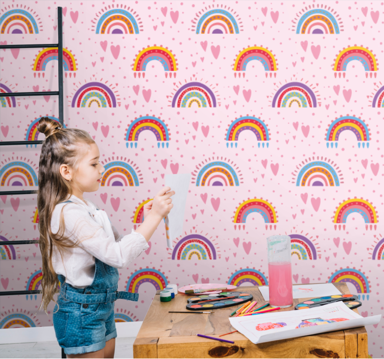 papel de parede infantil Pontos rosa e arco-íris coloridos - TenStickers