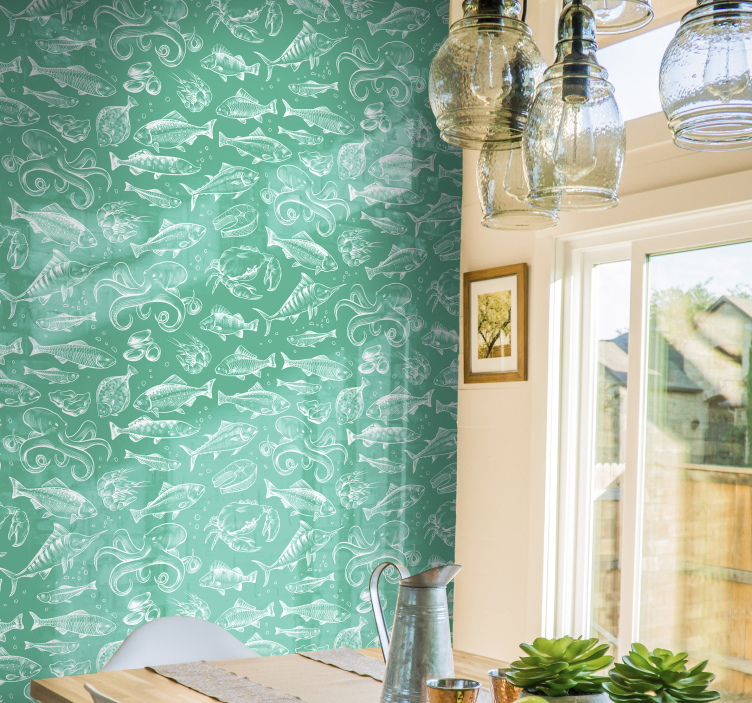 papel parede verde Esboço peixe mão desenhar - TenStickers