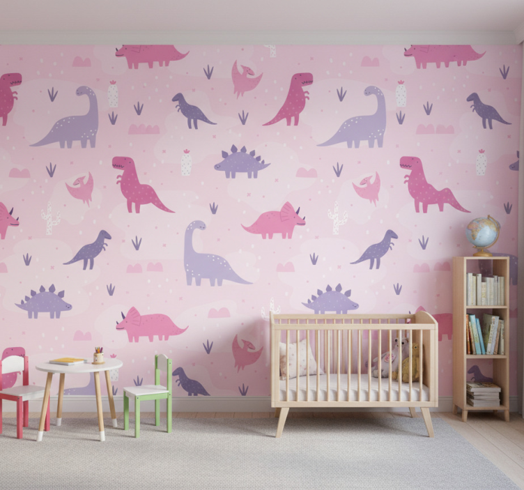 Papel de parede dinossauros fundo rosa - TenStickers
