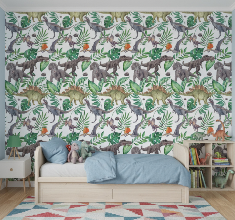 Papel de parede dinossauros padrão aquarela jurássica - TenStickers