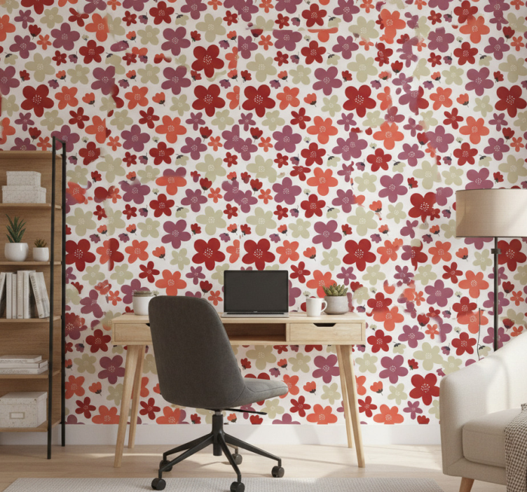 Papel de parede escritório padrão flores abstratas vermelhas - TenStickers