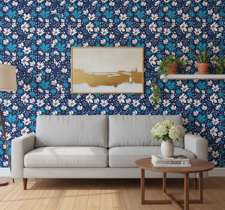 Papel de parede floral com margaridas brancas em fundo azul - TenStickers
