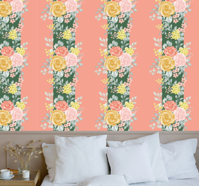 papel de parede flores rosas e folhagens - TenStickers
