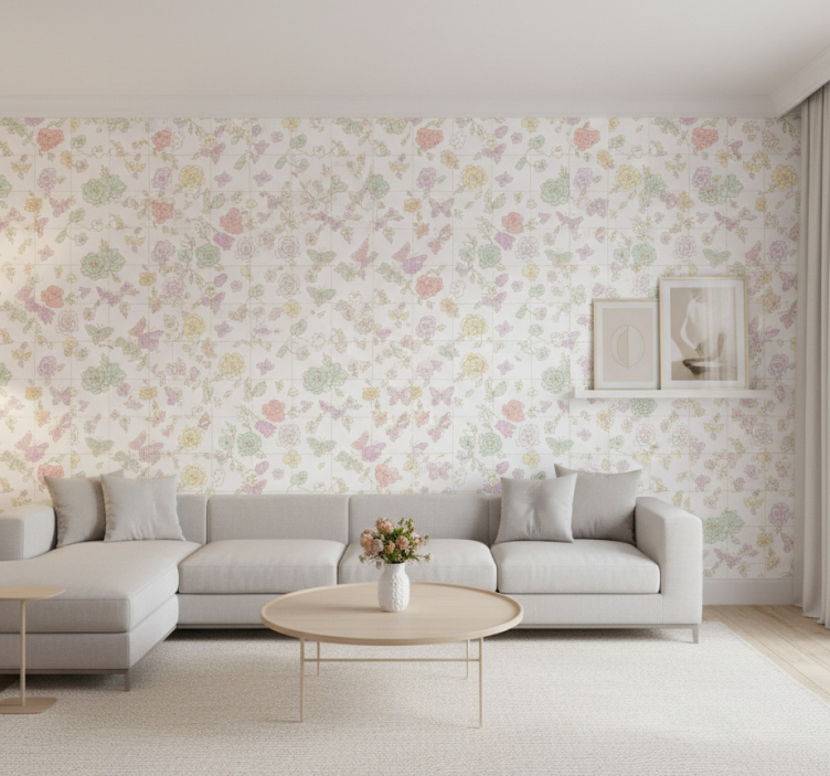 Papel de parede flores borboleta em cores suaves - TenStickers