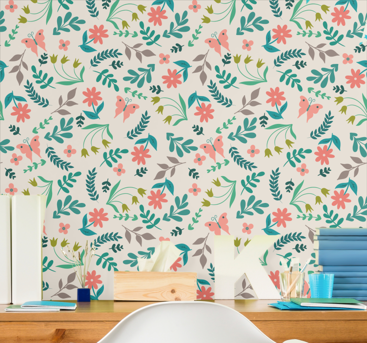 papel de parede flores borboletas florais - TenStickers
