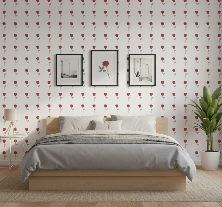 Papel de parede flores desenho de linha rosa vermelha - TenStickers