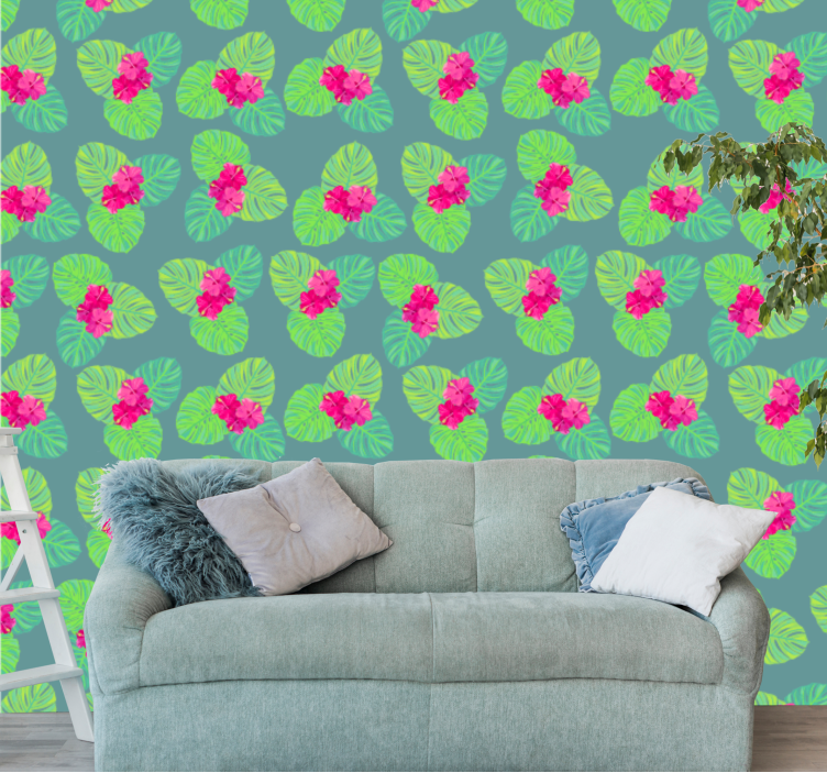 papel de parede flores folhas floridas exóticas - TenStickers