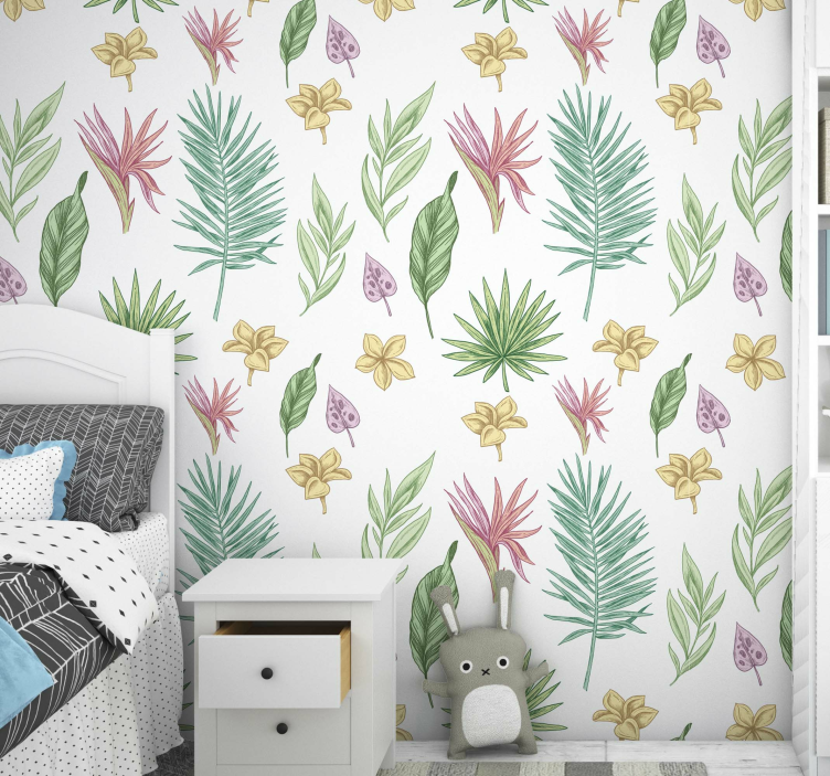 Papel de parede floral Flores e palmeiras - TenStickers