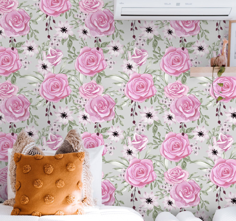 papel de parede floral Flores grandes rosa em cinza - TenStickers