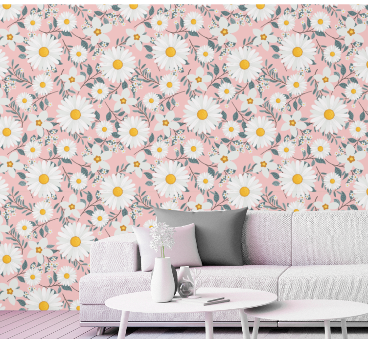 papel de parede floral Flores margaridas com fundo rosa - TenStickers