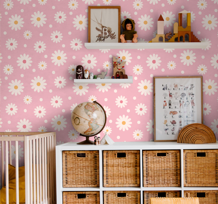 papel de parede floral Margaridas vintage com fundo rosa - TenStickers