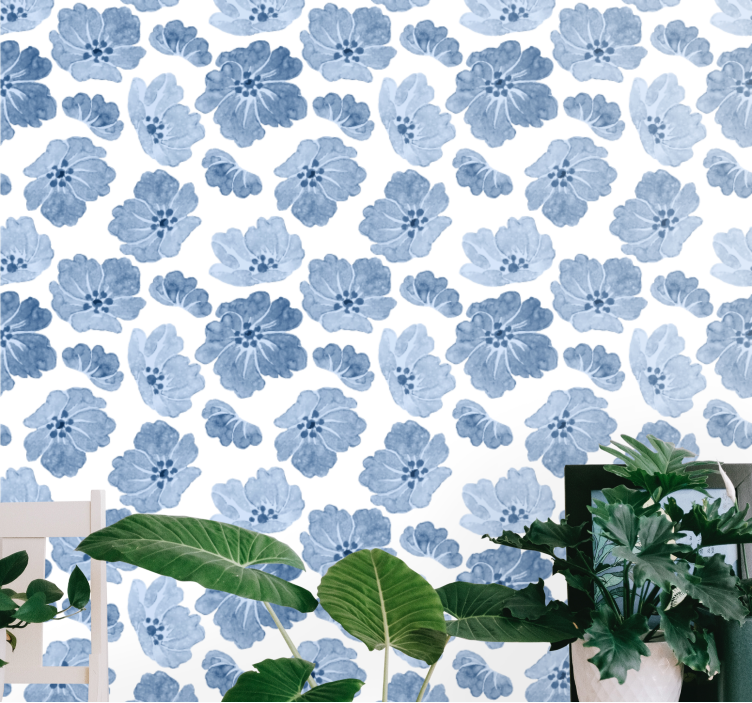 papel de parede flores padrão floral azul e branco - TenStickers