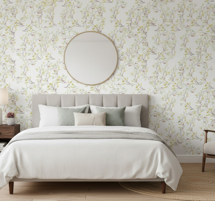 Papel de parede flores padrão de folhas verdes aquareladas - TenStickers