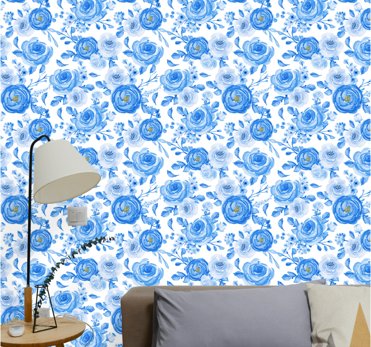 papel de parede flores padrão de rosa azul - TenStickers