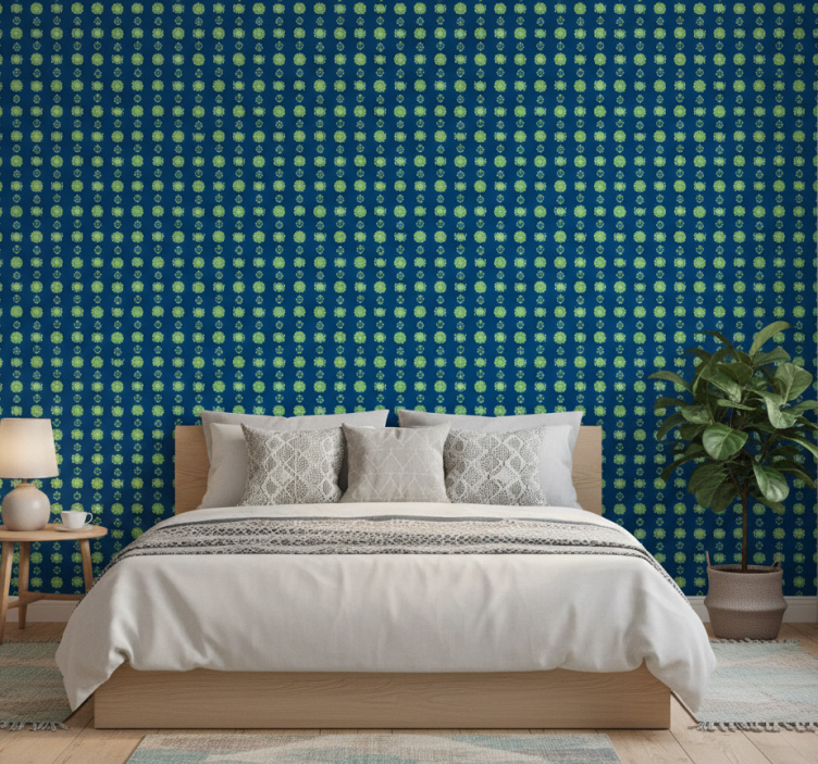 Papel de parede flores padrão polonês verde e azul - TenStickers