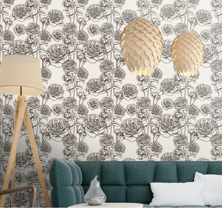 papel de parede floral Padrão de flores preto e branco - TenStickers