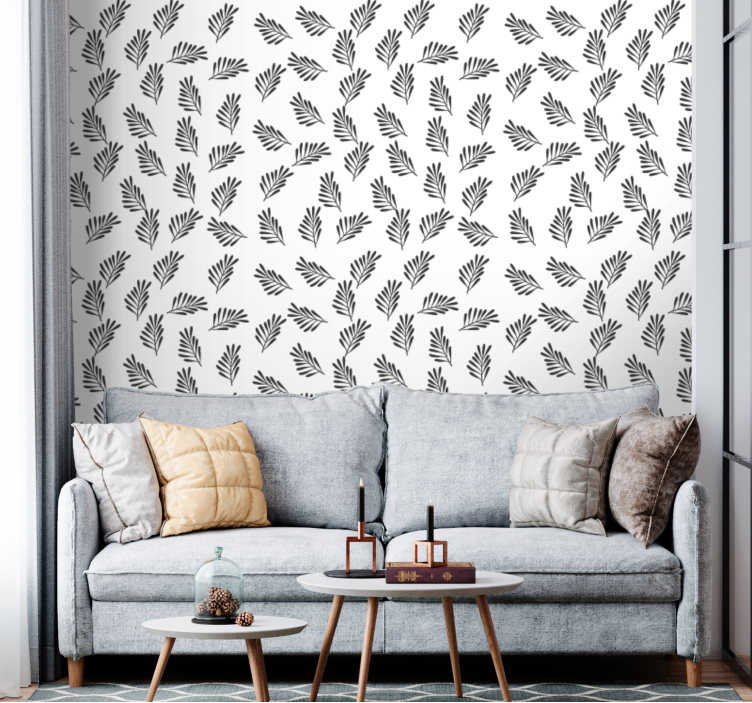 Papel de parede folhas padrão simples preto e branco - TenStickers