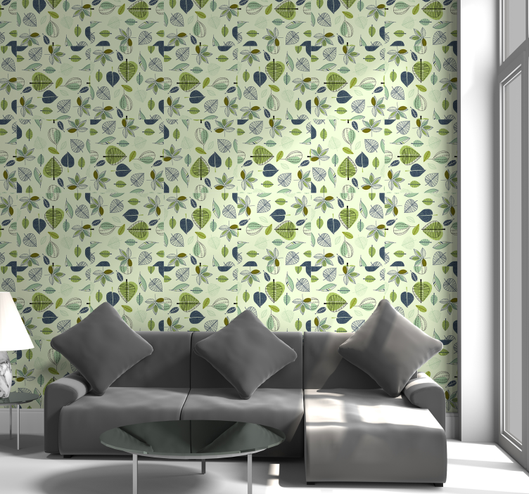 Papel de parede folhas padrão verde deslocado - TenStickers