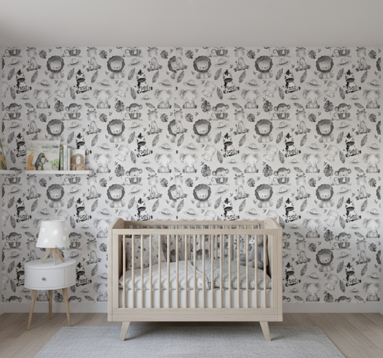 Papel de parede infantil animais de bebê cinza - TenStickers