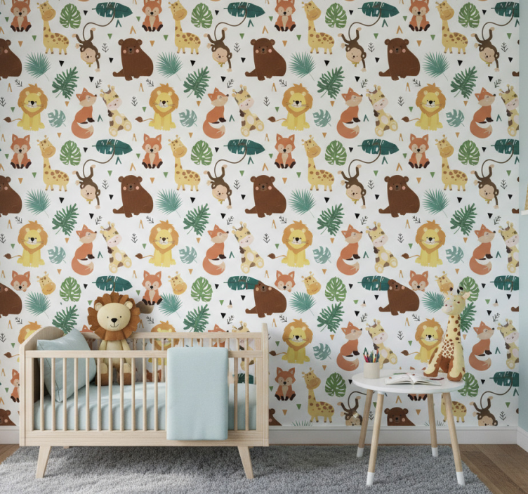 Papel de parede infantil animais selvagens e folhas - TenStickers
