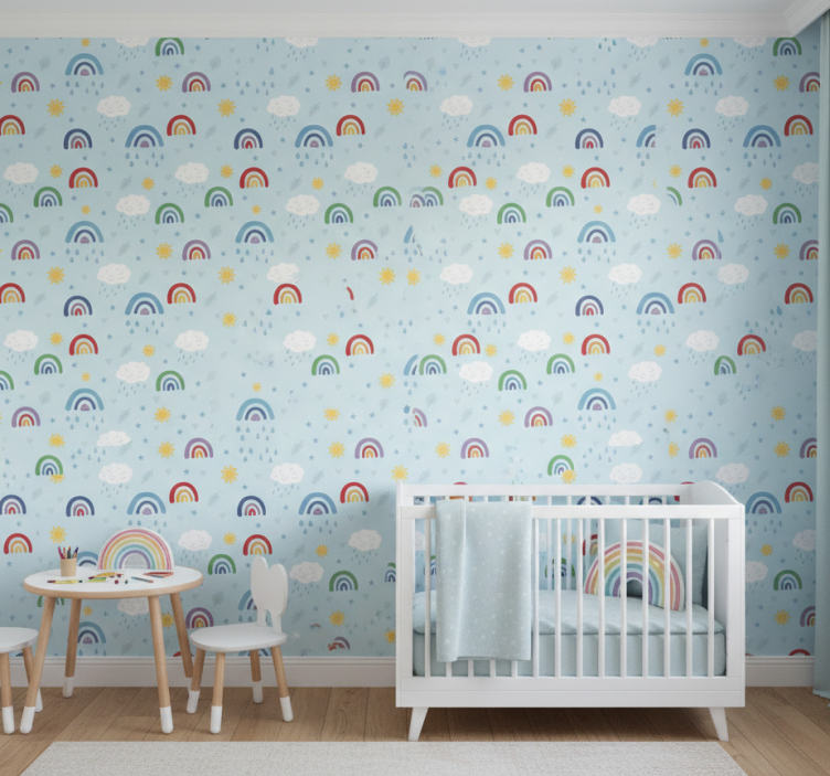 Papel de parede infantil arco-íris e nuvens azuis - TenStickers