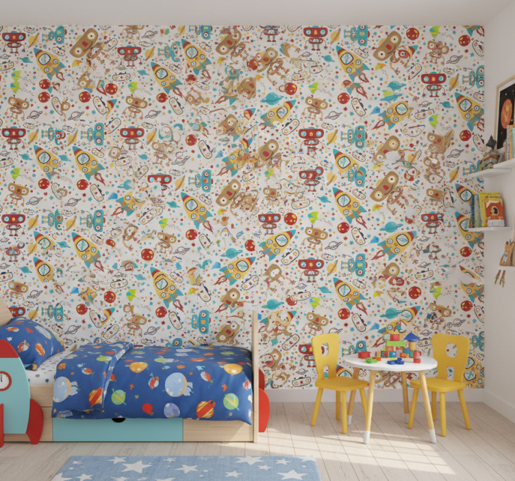 Papel de parede infantil aventura com robôs foguete - TenStickers