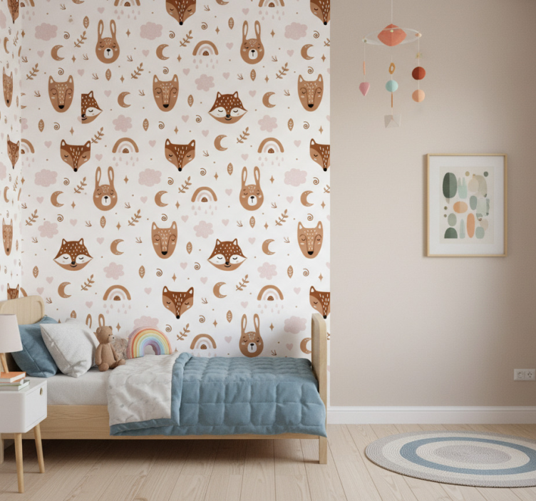 Papel de parede infantil com animais marrons e arco-íris - TenStickers