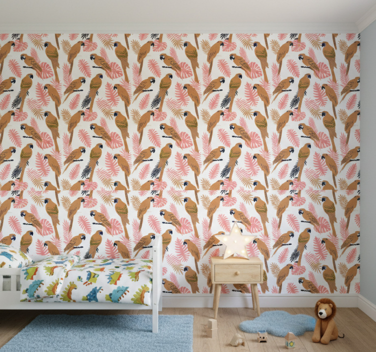 Papel de parede infantil com araras laranjas e flores rosas - TenStickers