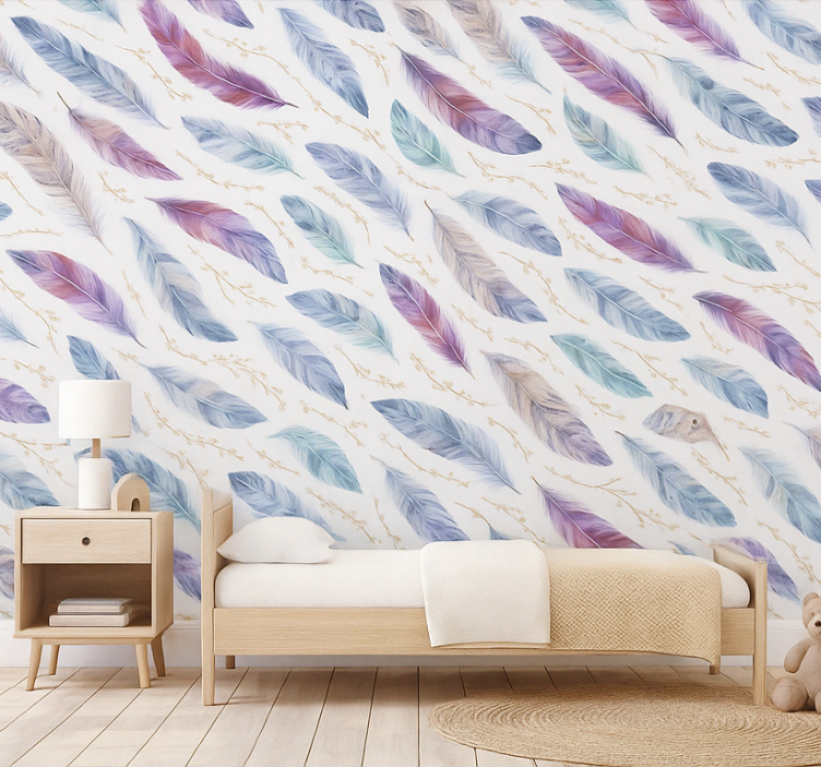 Papel de parede infantil com padrão de penas coloridas - TenStickers