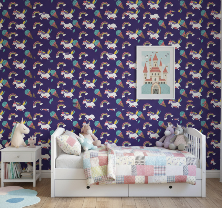 Papel de parede infantil com padrão de unicórnio - TenStickers